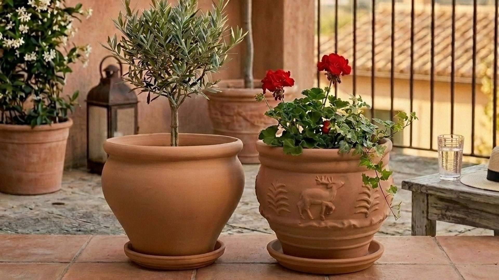Las macetas grandes de barro refuerzan su protagonismo en la decoración exterior mediterránea